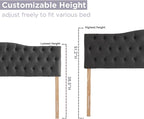 Upholstered Queen Headboard, Button Diamond Tufted Headboard with Adjustable Height and Solid Wood Leg, Velvet Padded Headboards for Queen Size Bed, Modern Head Board, Dark Grey