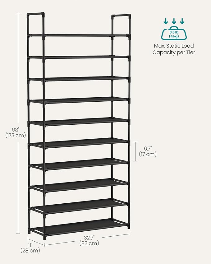 SONGMICS Shoe Rack, 10-Tier Shoe Shelf, Shoe Storage Organizer, 11 x 32.7 x 68 Inches, Metal Frame, Non-Woven Fabric Shelves, for Entryway, Bedroom, Black ULSH110BH01