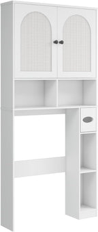 Vabches Over The Toilet Storage Cabinet, Rattan Storage Cabinet Over Toilet with 2 Doors & Toilet Paper Holder Stand, Freestanding Toilet Shelf Space Save with Anti-Tip Design Adjustable Shelf, White