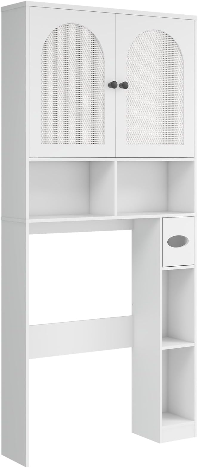 Vabches Over The Toilet Storage Cabinet, Rattan Storage Cabinet Over Toilet with 2 Doors & Toilet Paper Holder Stand, Freestanding Toilet Shelf Space Save with Anti-Tip Design Adjustable Shelf, White