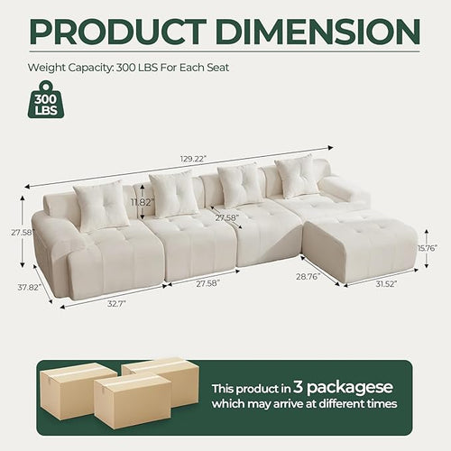129.23”Modular Sectional Couch for Living Room, Modren L-Shape Cloud Sectional 4-Seater Sofa with 2 Movable Ottomans, Woven Texture Upholstery Boneless Couch, No Assembly, Beige