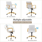 COROCC Office Desk Chair Modern Conference Room Task Chairs Leather Computer Swivel Excutive Ribbed Ergonomic Rolling Chair for Bed Room White and Gold Chair