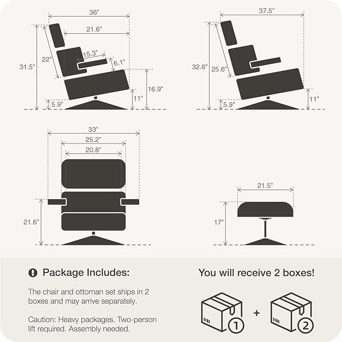 Top Black Grain Leather, Mid Century Chaise Lounge Chair and Ottoman, Modern Chair Classic Design, Walnut Wood, Heavy Duty Base Support for Living Room Office