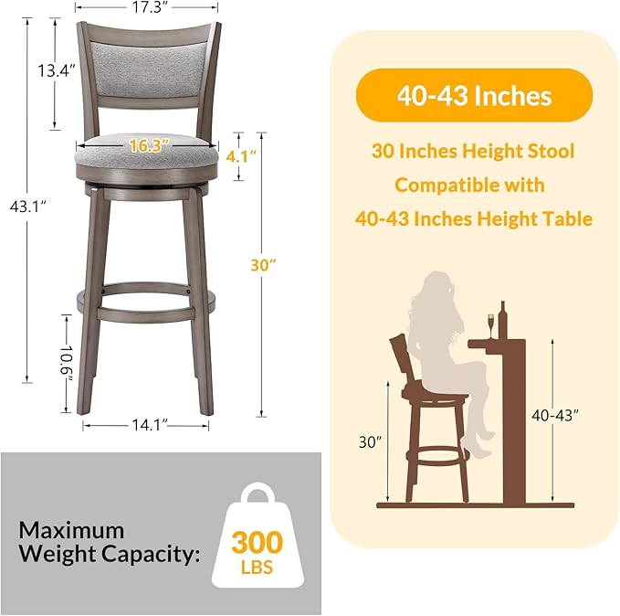 PrimeZone Swivel Bar Stools Set of 2, 30 Inch Bar Height Barstools, High Back Bar Stool with Solid Wood Legs & Wrap-Around Footrest, Counter Stools for Kitchen Island, Pub, Grey