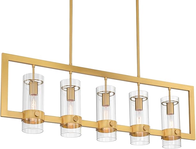 Possini Euro Design Camden Brass Island Linear Pendant Chandelier 42" Wide Modern Open Rectangle Frame Clear Glass Tube Shades 5-Light Fixture for Dining Room House Foyer Kitchen Entryway Bedroom