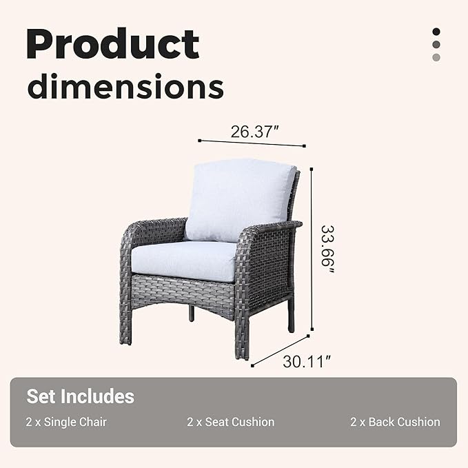 2 Pieces Wicker Patio Chairs - Outdoor Rattan Chairs Set of 2,All-Weather PE Wicker Dining Chair Set with High Back and Deep Seating for Deck Porch,Light Grey