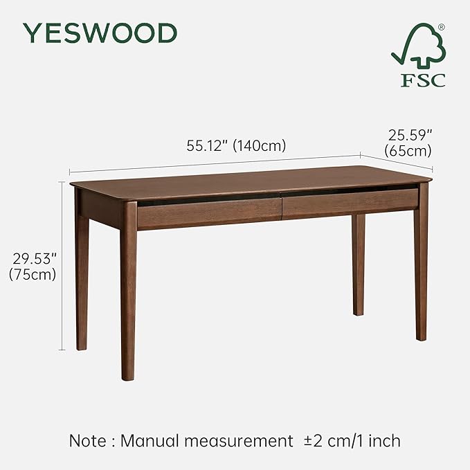 YESWOOD Vintage Solid Wood Computer Desk, Office Desk with Storage Drawers, Writing Desk for Home Office, Study 55.11" W