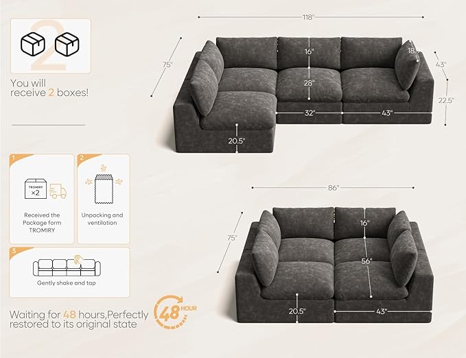 120" Cloud Sectional Couch | Oversize Boneless Couches for Living Room | 4 Seater Modern L-Shape Sofa | Grey