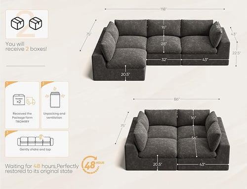 120" Cloud Sectional Couch | Oversize Boneless Couches for Living Room | 4 Seater Modern L-Shape Sofa | Grey