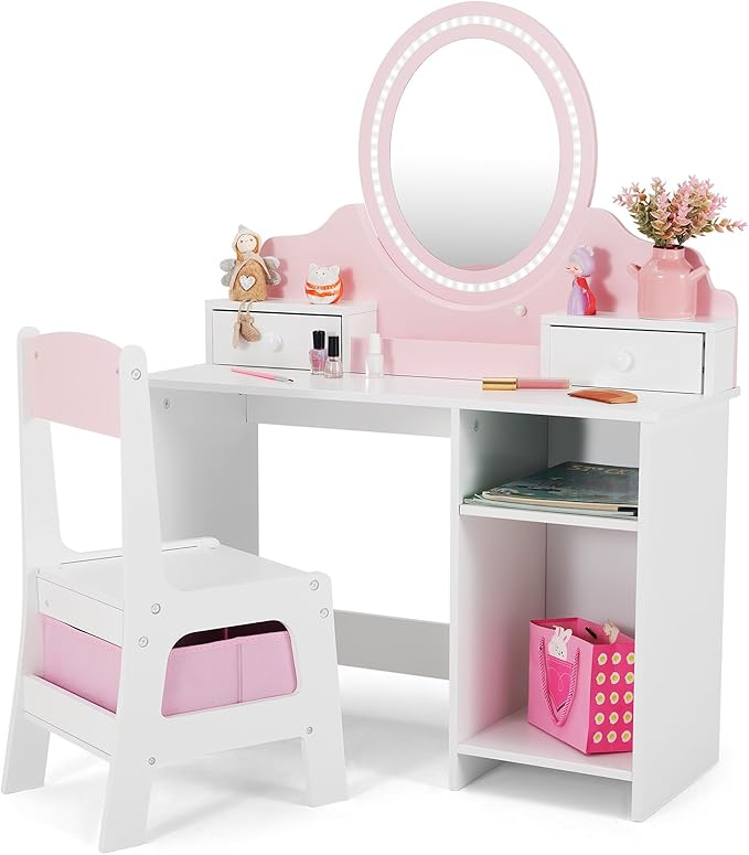 JOYLDIAS Kids Vanity with Lights, Pink Girls Makeup Vanity with 2 Drawer, Storage Cabinet & Shelves, 2 in 1 Toddler Vanity Table and Chair Set, Dressing Table for Kids 3+