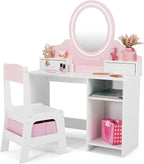 JOYLDIAS Kids Vanity with Lights, Pink Girls Makeup Vanity with 2 Drawer, Storage Cabinet & Shelves, 2 in 1 Toddler Vanity Table and Chair Set, Dressing Table for Kids 3+