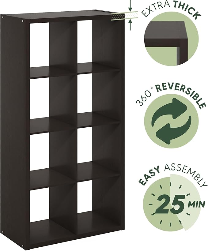 Furinno CUBICLE Book Shelf, 8-Cube Thick Frame Bookshelf, Horizontally & Vertically Reversible Bookcase with Open Back, 14.6 x 30 x 57.9, for Living Room, Bedroom, Home Office, Black Dark Oak