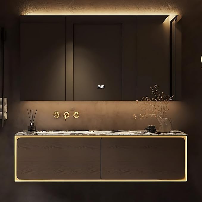 68IN Bathroom Vanity Set with a Single Sink - Embedded Sensor Light Strip & Large Capacity Floating Cabinet | Modern Bathroom Vanities with Defogging Mirror Surface & LED Lighting (Mirror Cabinet)
