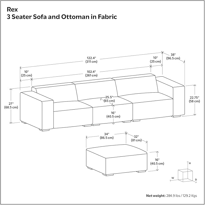 SIMPLIHOME Rex Modular Sofa and Ottoman Set in 100% Recycled Polyester Tightly Woven Performance Fabric, Pale Grey, 122-inch-wide 3-Seater Couch and Matching 34-inch-wide Ottoman for Living Room