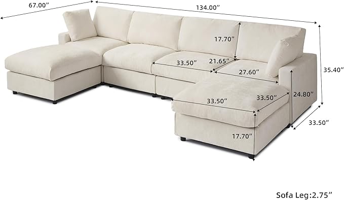 WJShome Cloud Couch Modular Sectional Sofa, 134" U Shaped Couch for Livingroom, Oversized Convertible Wide Seater with 2 Ottomans Living Room Set, Covers Washable&Replaceable,Beige