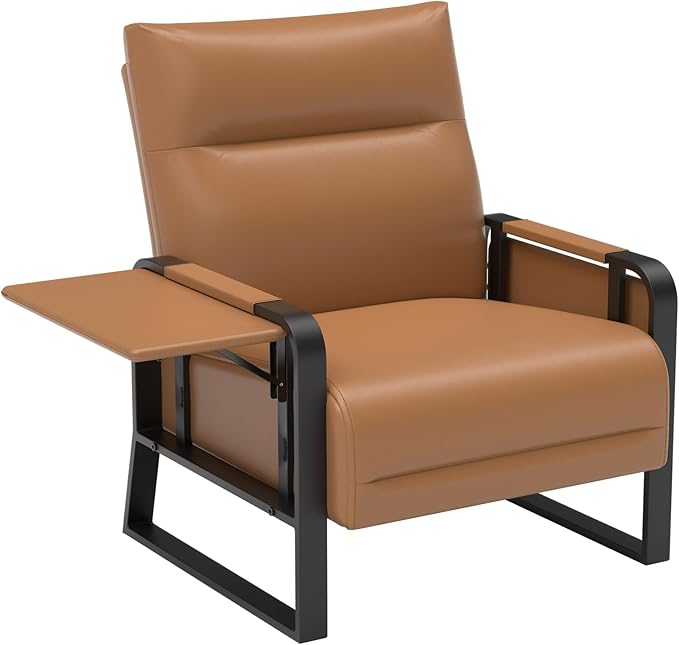 Faux Leather Accent Chair with Flip Up Tray Table Soft Backrest Side Pocket for Living Room Office Bedroom Leather Accent Chair, Brown