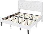 Allewie King Size Velvet Upholstered Bed Frame with Adjustable Headboard, Diamond Tufted Design, Wood Slat Support, Noise-Free EVA Strip, Easy Assembly, White