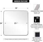 ANDY STAR Square Brushed Nickel Mirror for Bathroom, 24”x24” Silver Metal Frame Wall Mirror, Rounded Corner Stainless Steel Hangs Horizontal Or Vertical