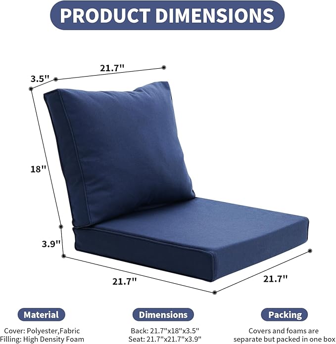Patio Furniture Sofa Cushion Set Outdoor Living Deep Seating Cushions Thick Foam Replacement Cushion,21.7x21.7 Inch,Navy Blue