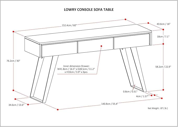 SIMPLIHOME Lowry Console Table - 60 Inch Wide Solid Mango Wood and Metal Sofa Table in Natural, Modern Industrial Storage Table for Entryway or Living Room with 3 Drawers and Angled Metal Legs