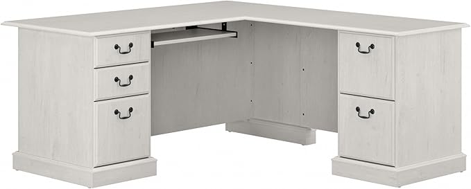 Bush Furniture Saratoga L Shaped Computer Desk with Drawers and Storage in Linen White Oak | Large Corner Office Table for Workspace