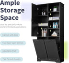 Tall Laundry Cabinet with 2 Tilt Out Hamper, Wood Bathroom Storage Cabinet with Doors and Adjustable Shelves Freestanding (Black)