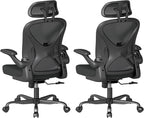 ZZH Ergonomic Office Chair Set of 2 with Adjustable Lumbar Support and Headrest, Mesh Home Office Desk Chair with Wheels and Flip-up Arms, Black