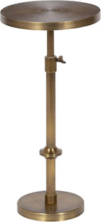 Kate and Laurel Engles Traditional Adjustable-Height Pedestal Drink Table; 10 x 10 x 30; Antique Brass; Vintage Round Indoor Metal Plant Stand with Embossed Sunburst Pattern