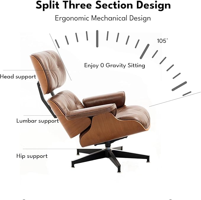 Top Grain Leather, Mid Century Chaise Lounge Chair and Ottoman, Reading Chair, Leather Accent Chair, Modern Chair, Classic Design, for Living Room Lounge Office,Retro Aged Leather, Walnut,Heightening