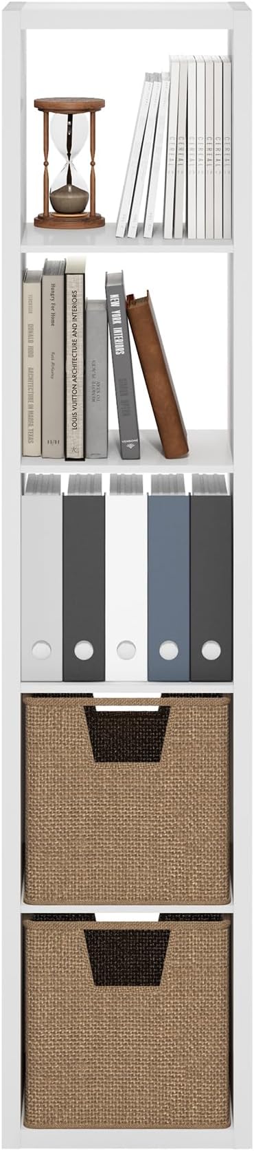 Furinno Cubicle Book Shelf, 5-Cube Vertical Thick Frame Bookshelf, Horizontally & Vertically Reversible Bookcase with Open Back, 14.6 x 15.9 x 72, for Living Room, Bedroom, Home Office, White