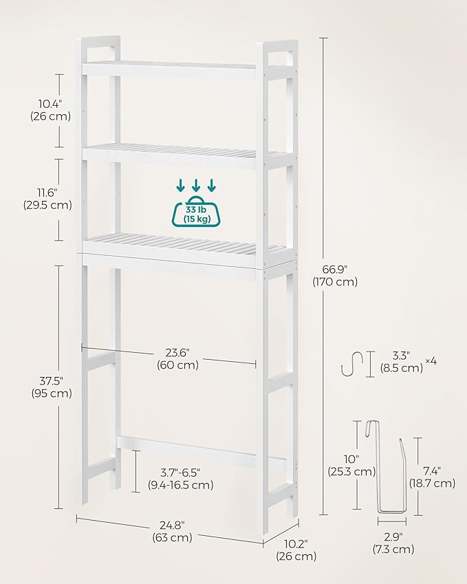 SONGMICS Over The Toilet Storage, 3-Tier Over Toilet Bathroom Organizer with Adjustable Shelf, 10.2 x 24.8 x 66.9 Inches, Space-Saving, Cloud White UBTS01WT