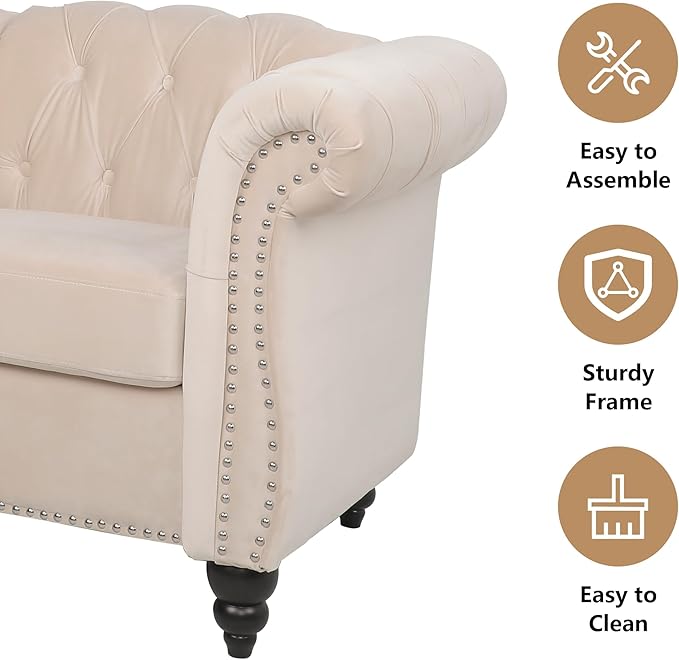2 Piece Living Room Sofa Set, 3 Seater Velvet Sofa Couch and Chair Set, Mid Century Modern Upholstered Couch with Cushions, Comfy Tufted Chesterfield Couches for Living Room, Bedroom, Office