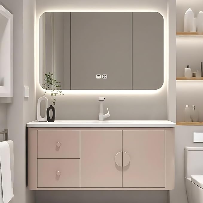 60IN Pink Modern Bathroom Vanity - Bathroom Vanities Set with 2 Drawers Wall Mounted | Rounded Corner Smart Defogging Mirror Cabinet with Lighting & Time Display, Side Opening Storage Shelf (Style A)