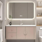 44IN Pink Modern Bathroom Vanity - Bathroom Vanities Set with 2 Drawers Wall Mounted | Rounded Corner Smart Defogging Mirror Cabinet with Lighting & Time Display, Side Opening Storage Shelf (Style A)