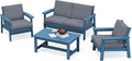 SERWALL 4 Piece HDPE Outdoor Furniture Set, All Weather Wood-Like Outdoor Sofa Sectional Couch, Blue Patio Furniture Set with Grey Cushions