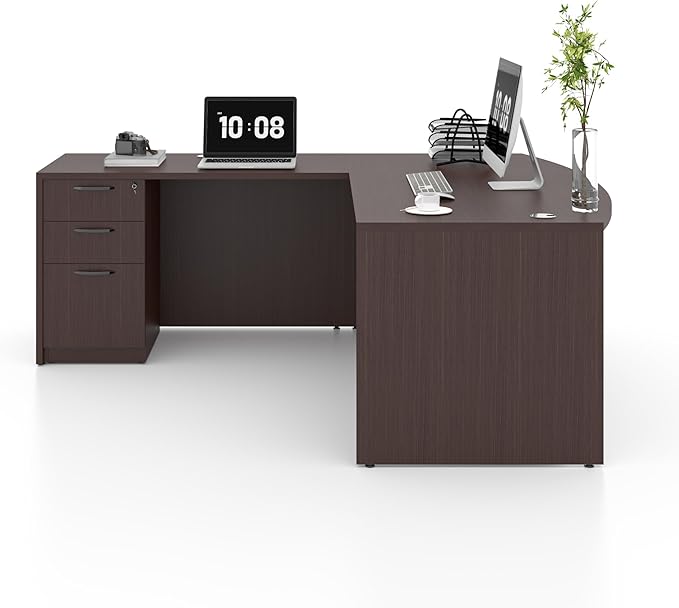 82.67" x 66.93" Bow Front L-Shaped Executive Desk with 3-Drawer File Cabinet (Espresso)