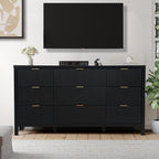Fluted 9 Drawer TV Stand Dresser for Bedroom, Mid Century Modern Dresser with Drawers, Storage Organizer with 9 Drawers, Fluted Cabinet for Closet Cloth, Living Room, Entryway -Black