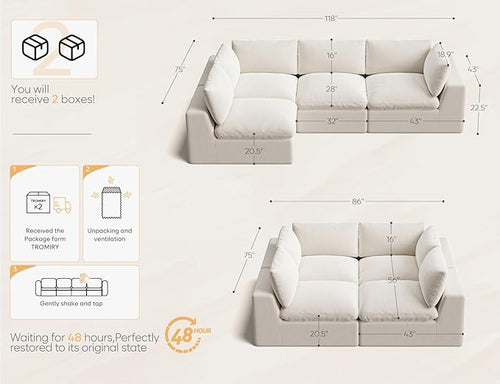 120" Cloud Sectional Couch | Oversize Boneless Couches for Living Room | 4 Seater L-Shape Sofa | Ivory White
