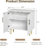 Set of 2 Fluted White Storage Cabinets, Modern 2-Door Sideboard Buffet Cabinet with Adjustable Shelves and Metal Legs, Accent Cabinet for Kitchen, Living Room, Entryway (White & Gold)