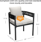 Grand patio 5-Piece Outdoor Dining Set for 4, Metal Woven Wicker Fixed Patio Chairs with Thickened Cushions & 1 Square Woodgrain Dining Table with Umbrella Hole for Backyard Deck (Black)