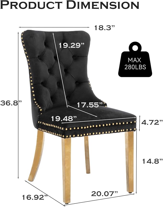 Velvet Upholstered Dining Chairs Set of 2, Modern Style Kitchen Side Chairs with Nailhead Trim and Gold Plated Leg, Metal Pulling Ring for Dining Room Living Room(Black,Set of 2)