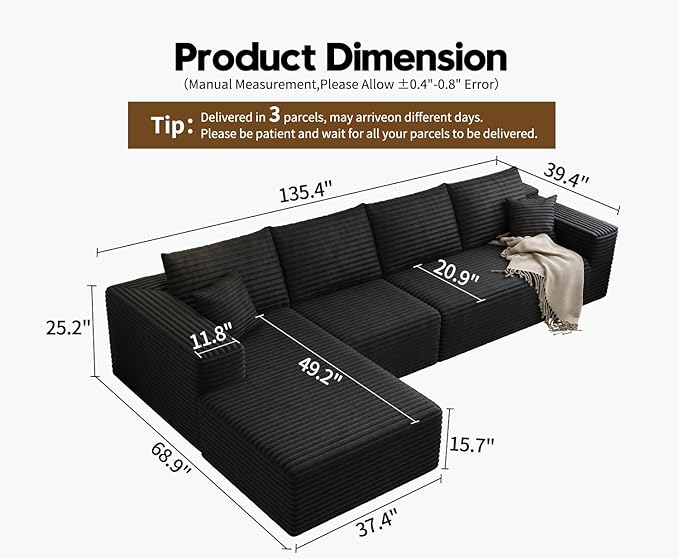 135.4" Cloud Sectional Couch with L-Shape Chaise,Modern Modular Sofa with Deep Seat, Upholstered Couches for Living Room Bedroom Apartments,No Assembly Required, (Black,Left Facing Chaise)