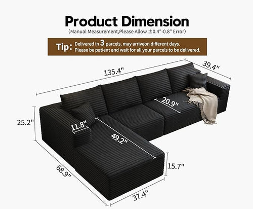 135.4" Cloud Sectional Couch with L-Shape Chaise,Modern Modular Sofa with Deep Seat, Upholstered Couches for Living Room Bedroom Apartments,No Assembly Required, (Black,Left Facing Chaise)