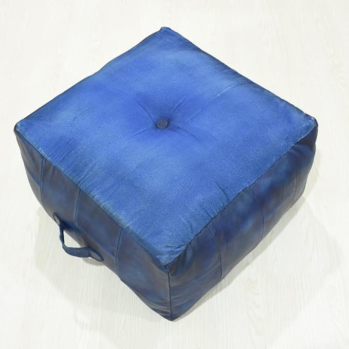 Handmade Eco-Friendly Geometric Leather Pouf Vintage Blue Color Square 21" x 21" x 12" Buffalo Leather Pouf for Living Room, Bedroom Seating, Patio