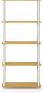 Furinno TURN-N-TUBE Storage Shelves, 5-Tier Book Shelf, Corner Shelf, Toolless Open Shelves, for Organization and Storage, Living Room, Garage, Home Office, Beech