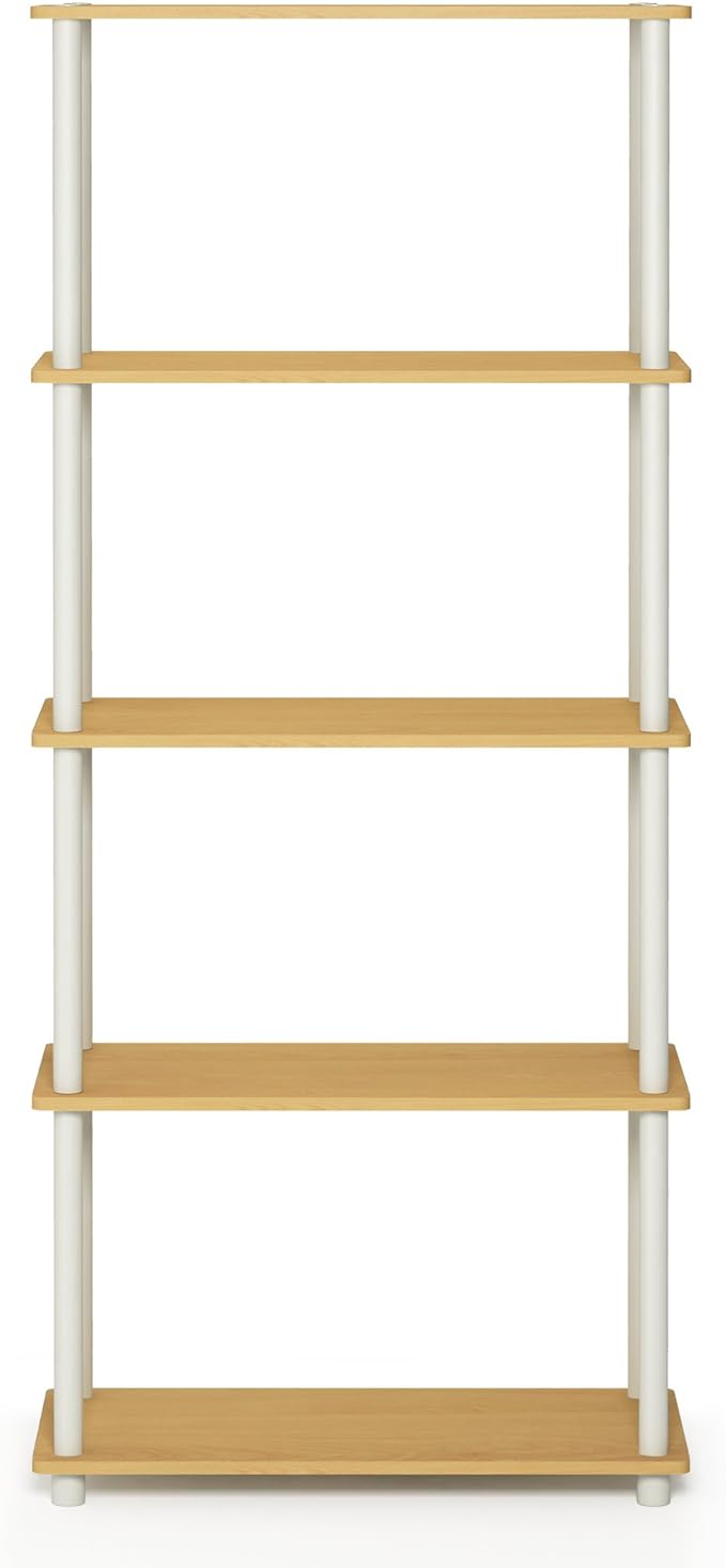 Furinno TURN-N-TUBE Storage Shelves, 5-Tier Book Shelf, Corner Shelf, Toolless Open Shelves, for Organization and Storage, Living Room, Garage, Home Office, Beech