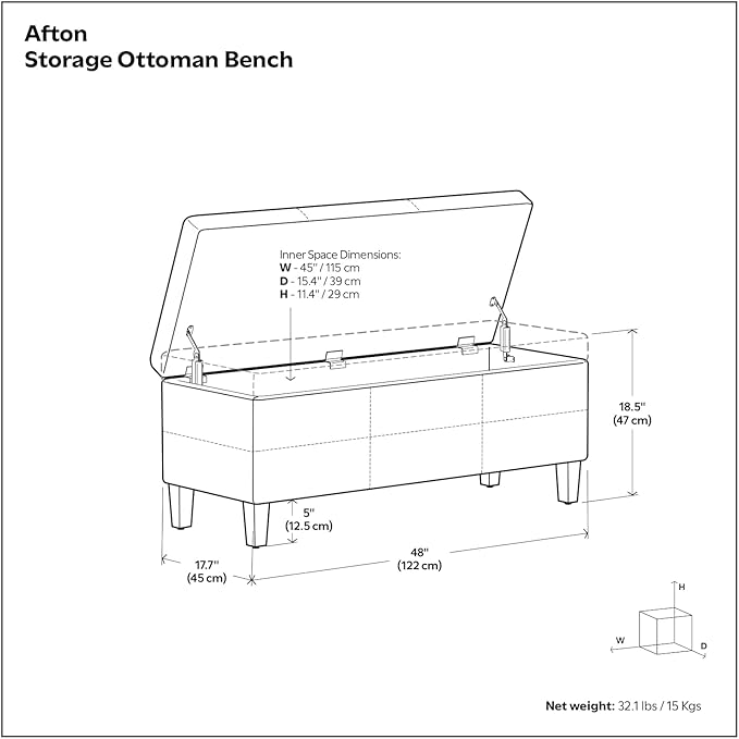 SIMPLIHOME Afton 48 inch Wide Contemporary Rectangle Storage Ottoman Bench in Midnight Black Vegan Faux Leather, Assembled, For the Living Room and Bedroom