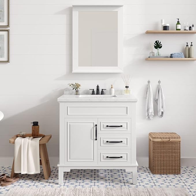 Hanover 31 Set Includes w, White Lanesboro 31'' Vanity Sink Combo for Bathroom, Powder Room | Pre-Assembled 1 Door, 3 Drawers | Accent Mirror | Artificial Stone Countertop, Cabinet, 31 inches