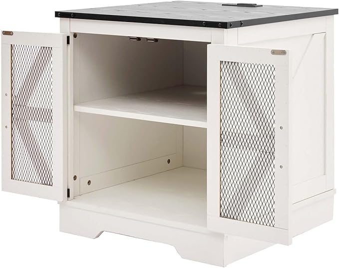 White Farmhouse End Table with Charging Station, 24" Wood Sofa Side Table with Mesh Barn Door, Nightstand with Adjustable Storage Shelf for Living Room, Square