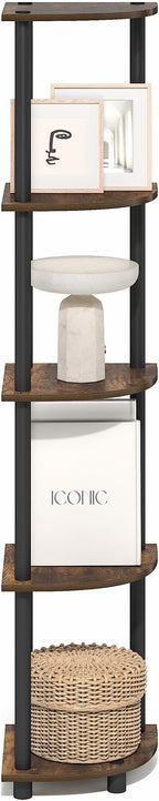 Furinno Turn-N-Tube Corner Shelf, 5-Tier Corner Bookshelf, Open Storage Shelves, for Organization and Storage, Living Room, Home Office, Garage, Bedroom, Amber Oak